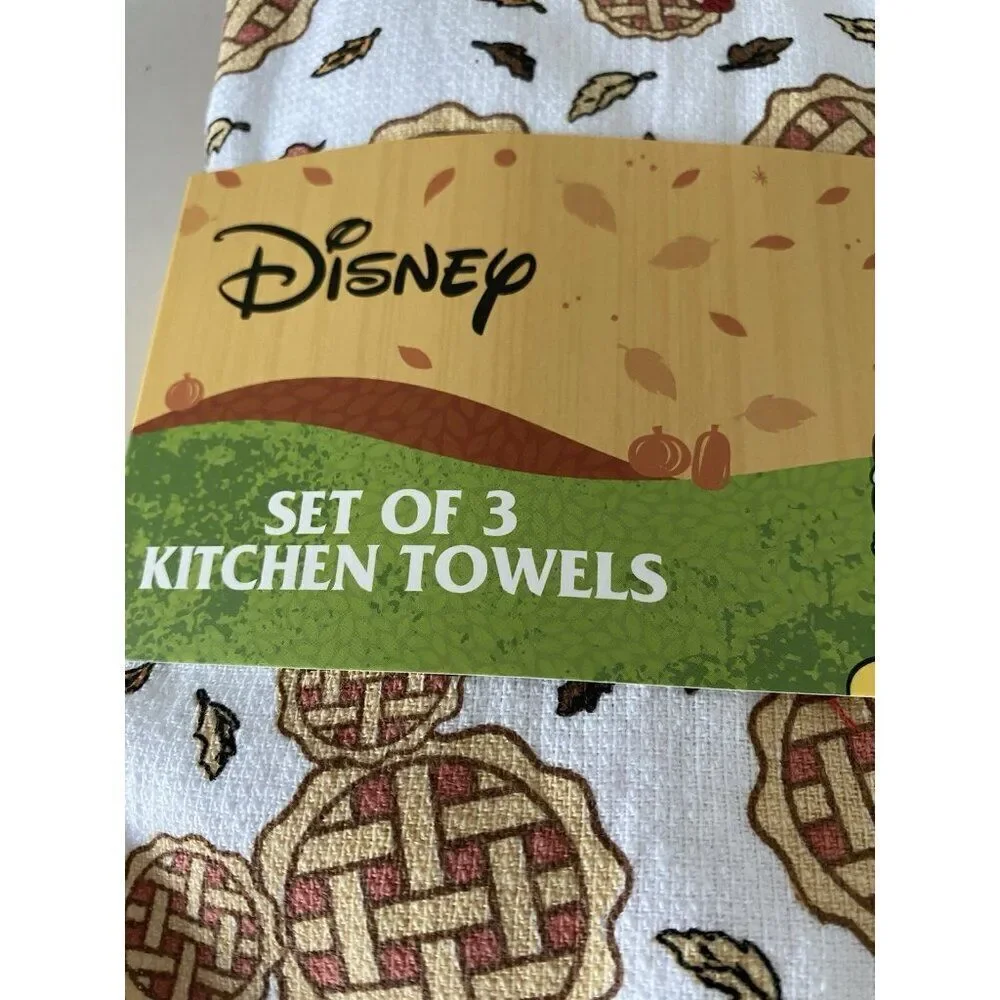 3 Pack Disney Mickey Minnie Mouse Autumn Fall Pie Leaves Kitchen Towels 16 X 26”